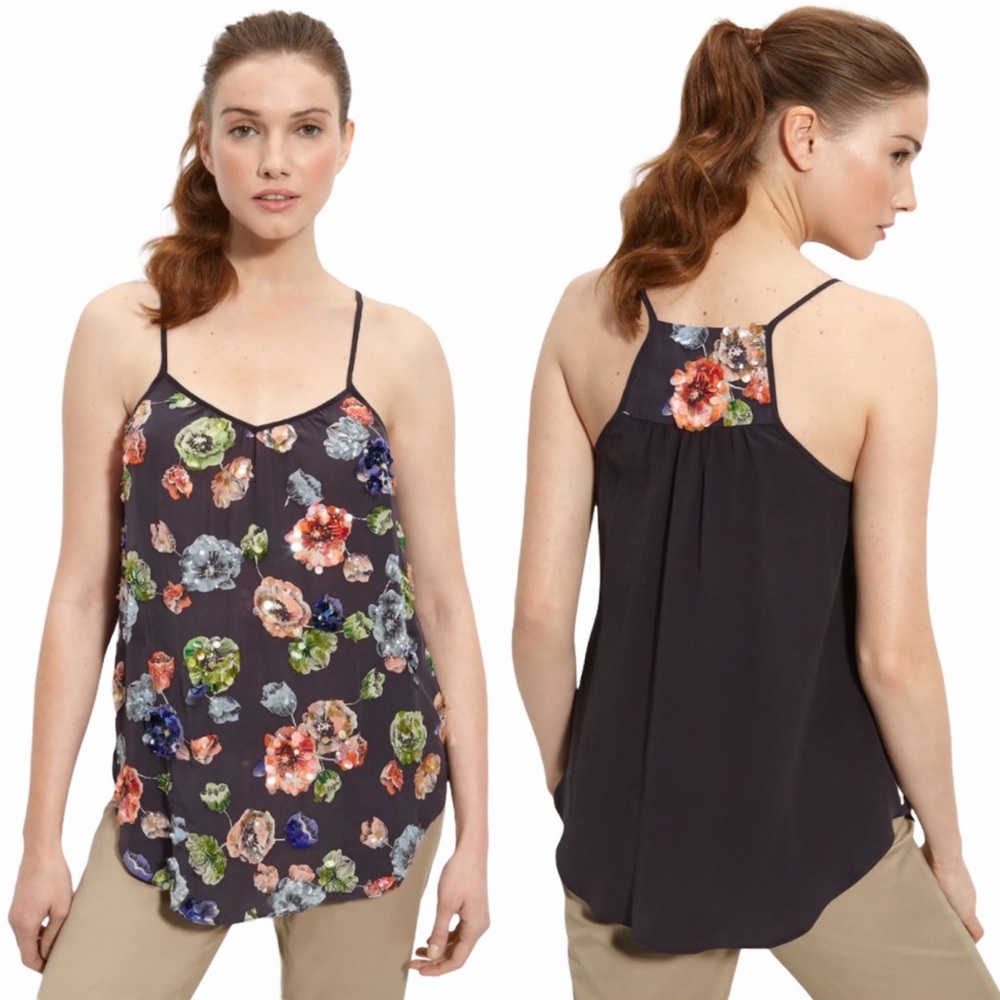 NWT Rebecca Taylor Poppy Sequin Charcoal Multi 100% Silk Cami Top Women’s Size 6